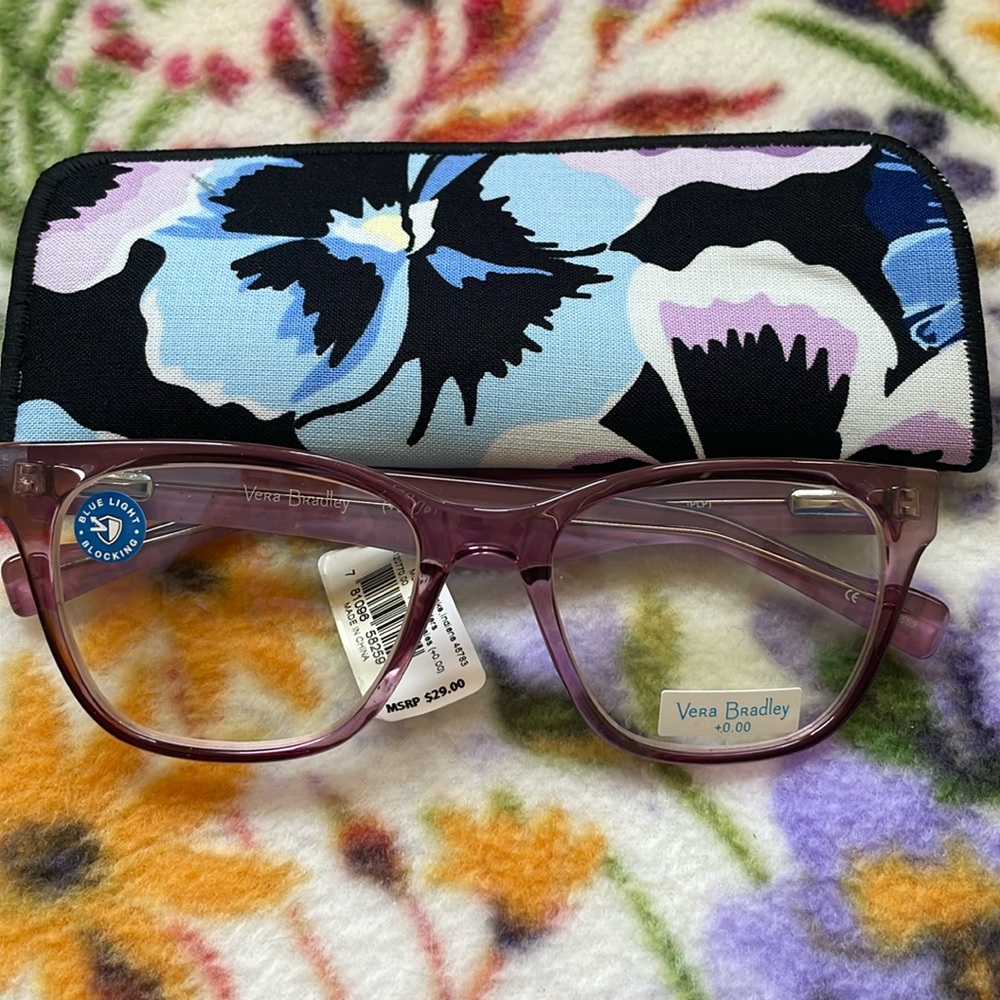 Vera Bradley Monroe Blue Light Blocking Readers Plum Pansies +0.00